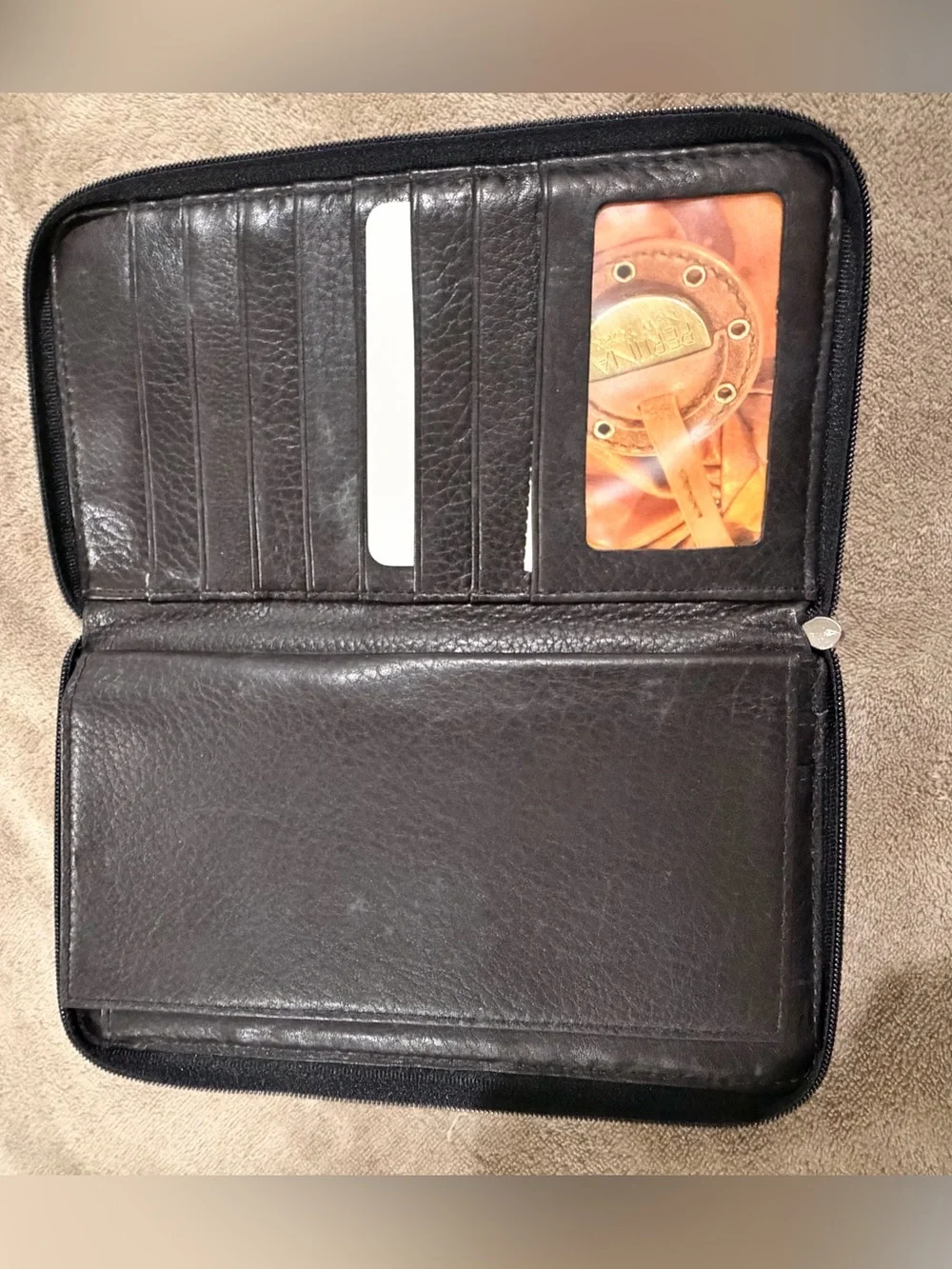 Perlina Black Leather Zip-Around Wallet with Metal Logo